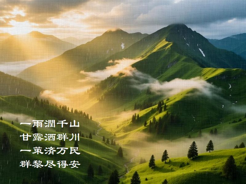 一雨潤千山,甘露洒群川,一策済万民,群黎尽得安