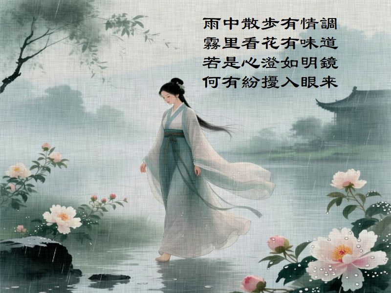 雨中散歩有情調,霧里看花有味道,若是心澄如明鏡,何有紛擾入眼来