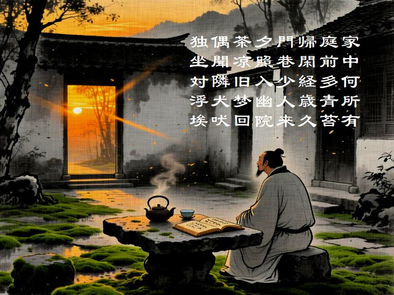 家中何所有,庭前多青苔,帰閑経歳久,門巷少人来,夕照入幽院,茶凉旧梦回,偶聞隣犬吠,独坐対浮埃