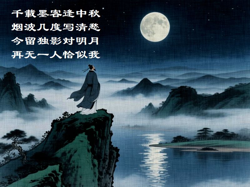 千載墨客逢中秋,烟波几度写清愁,今留独影対明月,再无一人恰似我