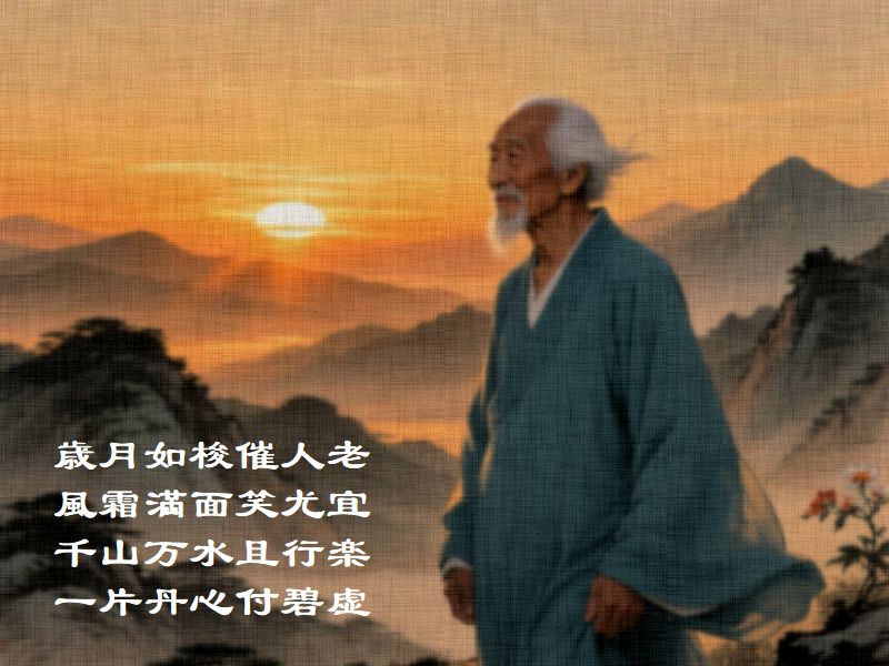 歳月如梭催人老,風霜満面笑尤宜,千山万水且行楽,一片丹心付碧虚