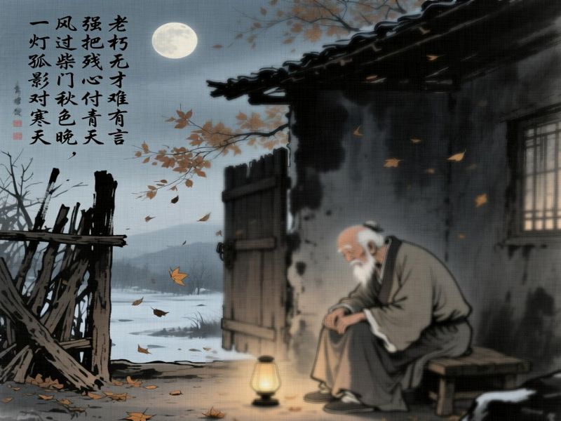 老朽无才難有言,強把残心付青天,風過柴門秋色晩,一灯孤影対寒天