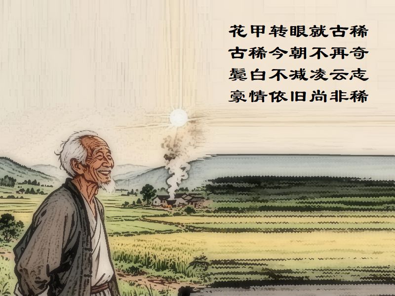 花甲転眼就古稀,古稀今朝不再奇,鬢白不減凌雲志,豪情依旧尚非稀
