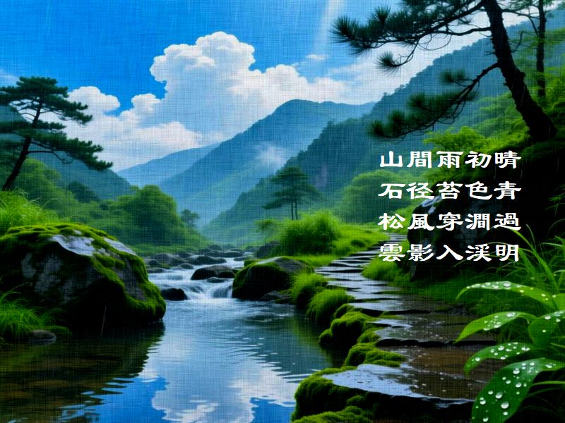 山間雨初晴,石径苔色青,松風穿澗過,雲影入渓明