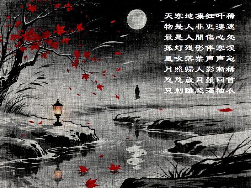 天寒地凍紅叶稀,物是人非更淒迷,最是人間傷心処,孤灯残影伴寒渓,風吹落葉声声急,月照帰人影漸稀,悠悠歳月難回首,只剰離愁満袖衣