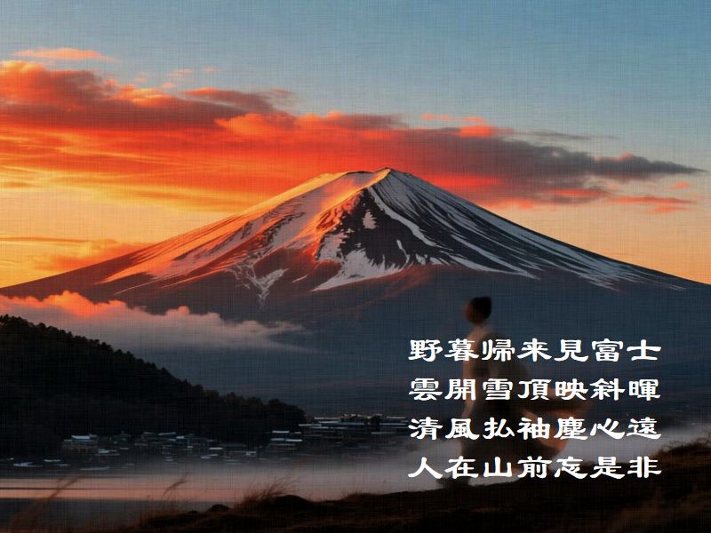 野暮帰来見富士,雲開雪頂映斜暉,清風払袖塵心遠,人在山前忘是非