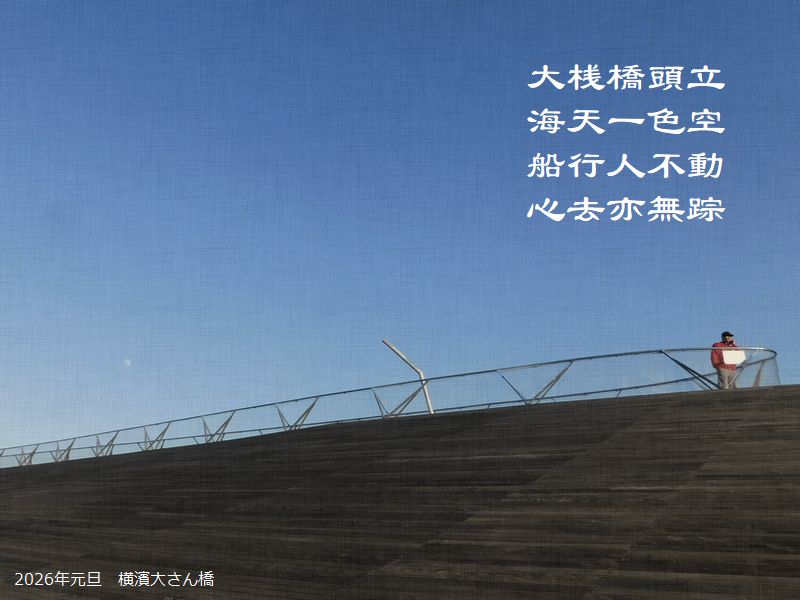 大桟橋頭立,海天一色空,船行人不動,心去亦無踪