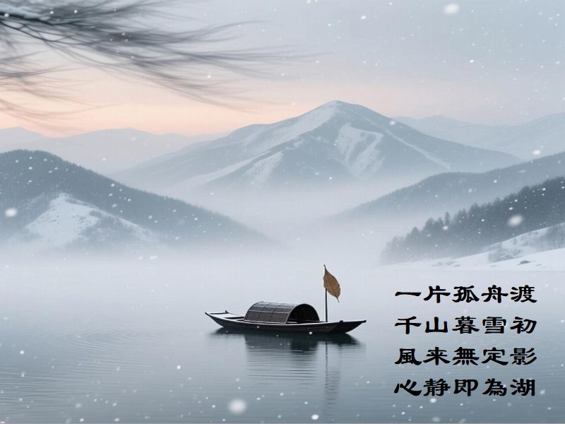 一片孤舟渡,千山暮雪初,風来無定影,心静即為湖