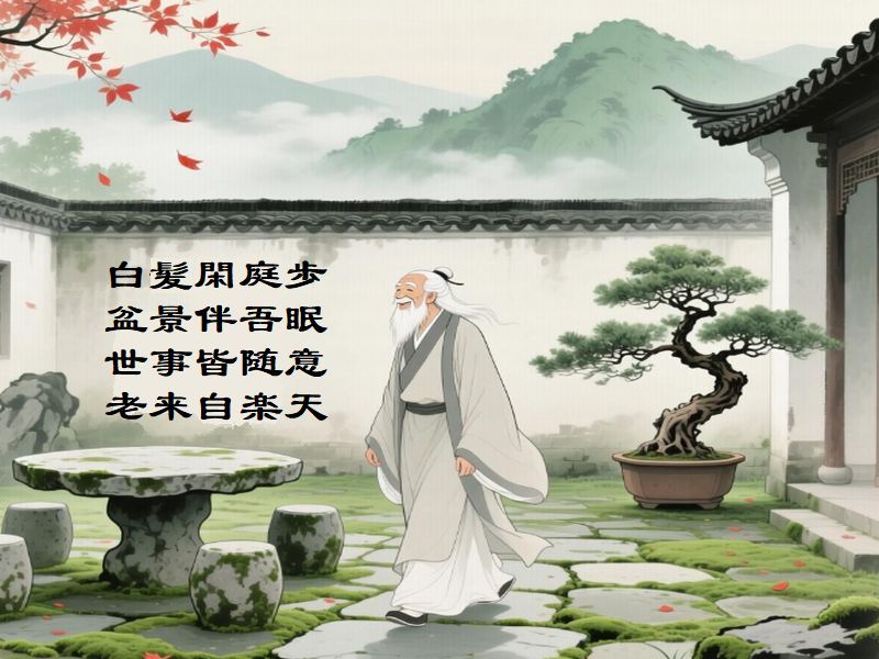 白髪閑庭歩,盆景伴吾眠,世事皆随意,老来自楽天