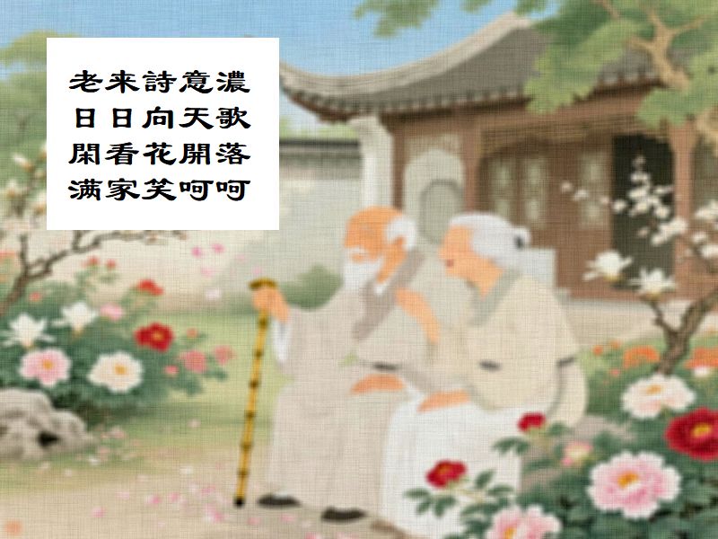 老来詩意濃,日日向天歌,閑看花開落,满家笑呵呵