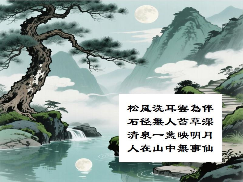 松風洗耳雲為伴,石径無人苔草深,清泉一盞映明月,人在山中無事仙