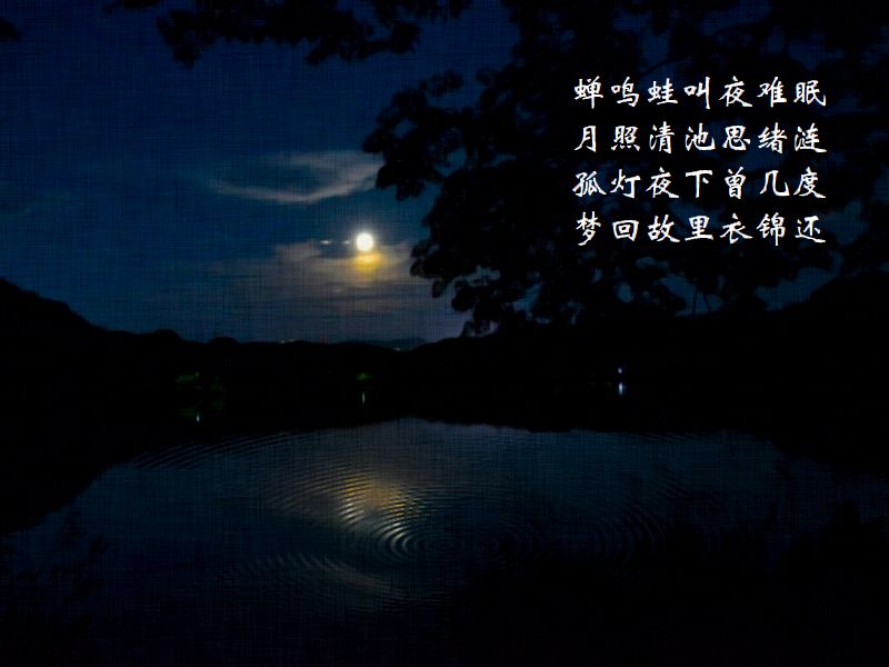 蝉鳴蛙叫夜難眠，月照清池思緒漣，孤灯夜下曽几度，梦回故里衣錦還